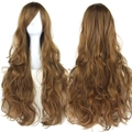 Long wavy cosplay wig in honey brown with bangs, front and back view on mannequin - Brown
