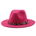 Close-up of fuchsia wool fedora hat with zebra pattern strap and silver buckle - M (56-58cm) / Rose Red