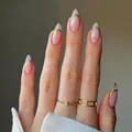 Almond French press-on nails with nude base and delicate gold wire double-line tip - Bz1547 Gold Wire Wrap / Glue Type