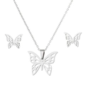 Detail of silver stainless steel jewelry set with hollow butterfly pendant and earrings - Green Butterfly with Gold Foil Necklace / Steel