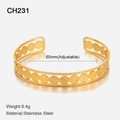 Adjustable 14K gold plated stainless steel open bangle featuring circular hollow designs - 304 Stainless Steel / Gold