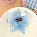 Cute light blue plush star hair clip with white rabbit and blue checkered bow detail - 1# Blue - Plush Star Rabbit Hair Clip