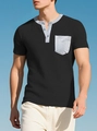 Ανδρική μαύρη μπλούζα Henley με ύφανση waffle και γκρίζα λεπτομέρεια στην τσέπη - S / Μαύρο