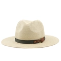 Classic beige Fedora straw hat with green and brown decorative band for sun protection - M (56-58cm) / Beige