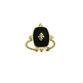 Golden stainless steel twisted ring featuring a black oval stone with a gold cross - Gold Black Gemstone Cross Pattern Ring