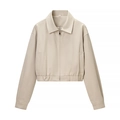 Detailed view of beige faux leather cropped jacket with lapel collar and metal zipper - S / Milky White