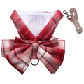 Red plaid dog harness and leash set with a large bow tie and breathable mesh - Wine Red Vest Set