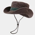 Detail of vintage washed canvas hat showing wide brim, metal vents and green ribbon - Coffee