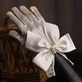 Short white satin bridal gloves with lace pearls and elegant bow for wedding photography - White Satin Large Bowknot Pearl Decor (ST065)