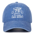Detail of 75th birthday embroidery on vintage washed cotton denim baseball cap - Light Blue