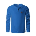 Close-up of blue waffle knit fabric and M-size inner label on a men's Henley shirt - Sapphire Blue