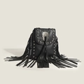 Fashionable black leather mini crossbody bag with silver studs and long fringe details - Black