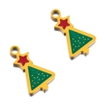 Pair of Christmas tree pendants in gold-plated steel and green enamel for DIY jewelry making - Gold Star Christmas Tree
