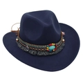 Détail d'un chapeau en feutre bleu marine avec ruban ethnique, perles et pierre turquoise - Taille Enfant (52-54cm) / Bleu marine