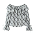 Blusa de cuadros para mujer con hombros descubiertos, cuello con volantes y manga campana - XS / Cuadros gris blanco