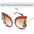 Modische Katzenaugen-Sonnenbrille mit Teefarben-Farbverlauf und Edelstein-Rahmen - Transparenter Teerahmen mit Tee-Verlaufsglas