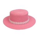 Pink wide brim straw sun hat with elegant white lace trim and pearl accents - Pearl Lace Decor Band Style (302N)