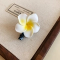 Elegant white and yellow plumeria flower hair clip with a sturdy black metal duckbill base - Alligator Clip - White Yellow Small