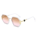 White hexagonal sunglasses with gradient lenses and textured gold metal temples - White Frame Tea Pink Lens