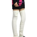 White cable knit over-the-knee leg warmers with cute white bows and pom-poms - One Size / White