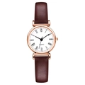 Classic women's quartz watch with brown leather strap and rose gold round metal case - Brown