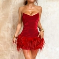 Elegant red strapless velvet mini dress with feathered hem for evening party wear - XS / Red