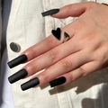Matte black heart open ring set with matching long artificial nails for women - Matte Black Long Square Shape (JP1982)