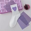 White cotton crew sock featuring purple knitted heart pattern for women - White with Purple Heart (No. 08)