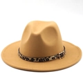 Close-up of leopard print belt and gold buckle on a wide brim camel fedora hat - M (56-58cm) / Camel