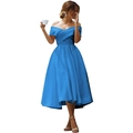 Elegante helderblauwe off-the-shoulder satijnen avondjurk met een gekruiste halslijn - L (US 12) / Blauw