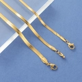 Detail of three different widths of gold stainless steel flat snake chains with lobster clasps - 2.5mmx16+5cm / Gold