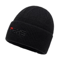 Black ribbed knit beanie with grey Faks embroidery and red detail for winter - One Size / Black