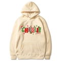 Beige Christmas hoodie with Charlie lettering and festive graphics on center front - Khaki