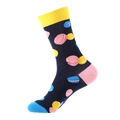 Mid-calf crew socks in navy blue with colorful macaron pattern and yellow cuff - 915 Macaron