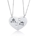 Polished silver heart puzzle necklace for couples with His and Her crown engraving - Her & His Couple Style