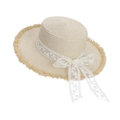 Beige woven straw sun hat with white lace ribbon bow and frayed edge detailing - One Size (Adjustable) / Beige