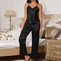 Damen-Pyjama-Set aus schwarzem Satin mit Camisole-Top und passender langer Schlafhose - S / Schwarz