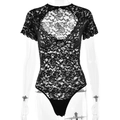 Detailed view of black lace short sleeve bodysuit with stylish front cutout - S / Black