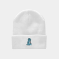 Detailed view of white ribbed knit beanie featuring blue dinosaur embroidery on the cuff - Dinosaur Embroidery / White