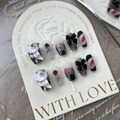 Handmade press-on nails with 3D angel relief, red rose art, and black bows with pearls - Angel Rose (521)