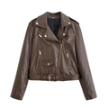 Giacca da motociclista da donna in finta pelle marrone scuro con zip dorate e cintura - XS / Marrone Scuro