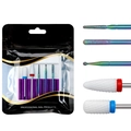 Dettaglio del set da 5 punte per fresa unghie in ceramica e metallo iridescente - Combinazione di Ceramica Bianca e Metallo Arcobaleno (Set 02)
