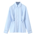 Camisa Oxford azul claro para mujer con pliegues en la cintura y manga larga - XS / Azul claro