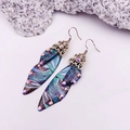Blue-green gradient wing earrings with rainbow rhinestones and antique bronze hooks - Green Painted-Bronze
