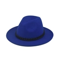 Detail of royal blue wool fedora hat featuring a stylish thick black chain decoration - Royal Blue with White Chain