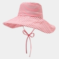 Detail of red and white striped wide-brim sun hat with adjustable chin strap ties - Pink