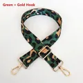 Detail of adjustable green leopard print nylon bag strap with gold metal lobster clasps - Green + Gold Hook