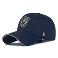 Dark blue baseball cap with gold crest embroidery and contrasting beige brim piping - Adjustable / Navy Blue
