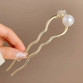 Épingle à cheveux dorée en U avec grande perle blanche et fleur en cristal clair - Flocon de Neige Perle Unique (75#) / Or
