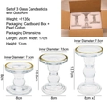 Set of three gold-rimmed transparent glass candle holders in different heights - Set of 3 / Gold Rim Set